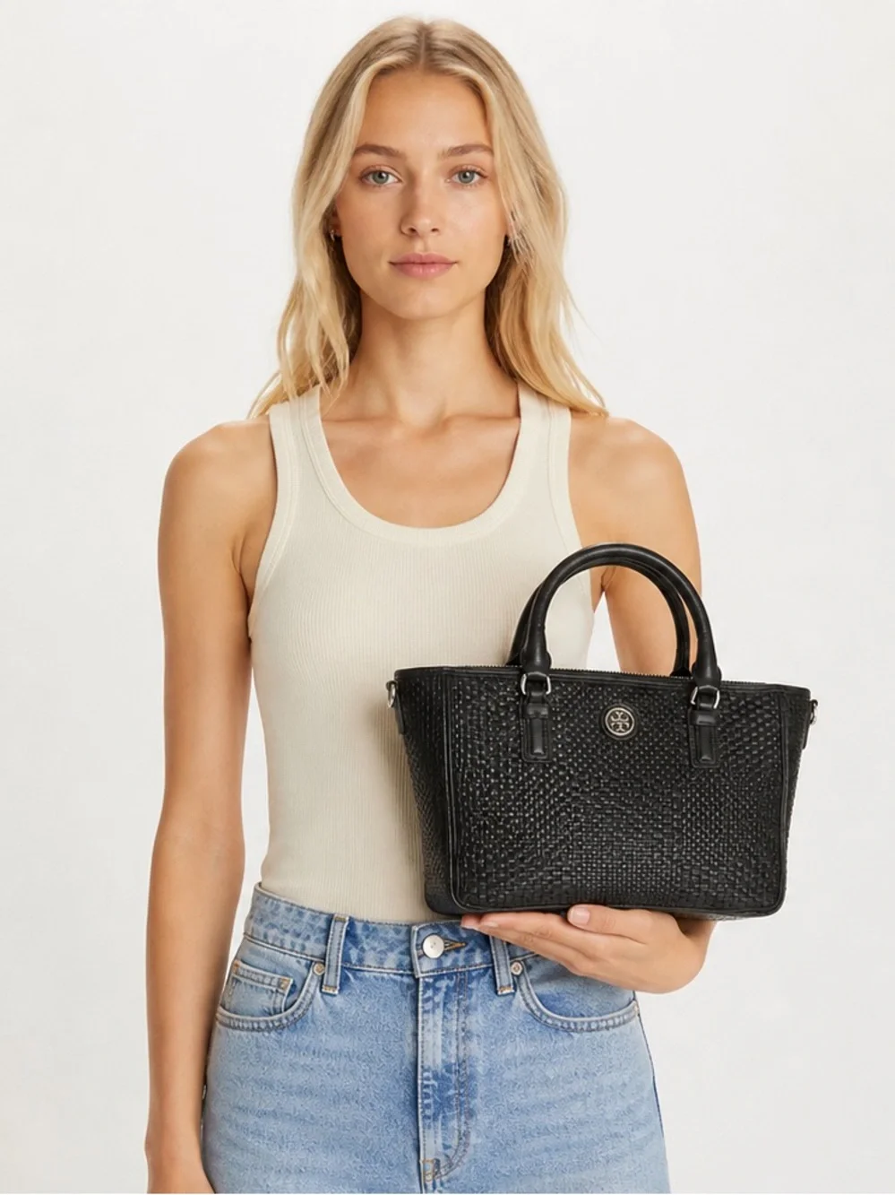 Tory Burch Robinson Black Basket Weave Leather Small Tote Satchel with Chain - Picture 16 of 16